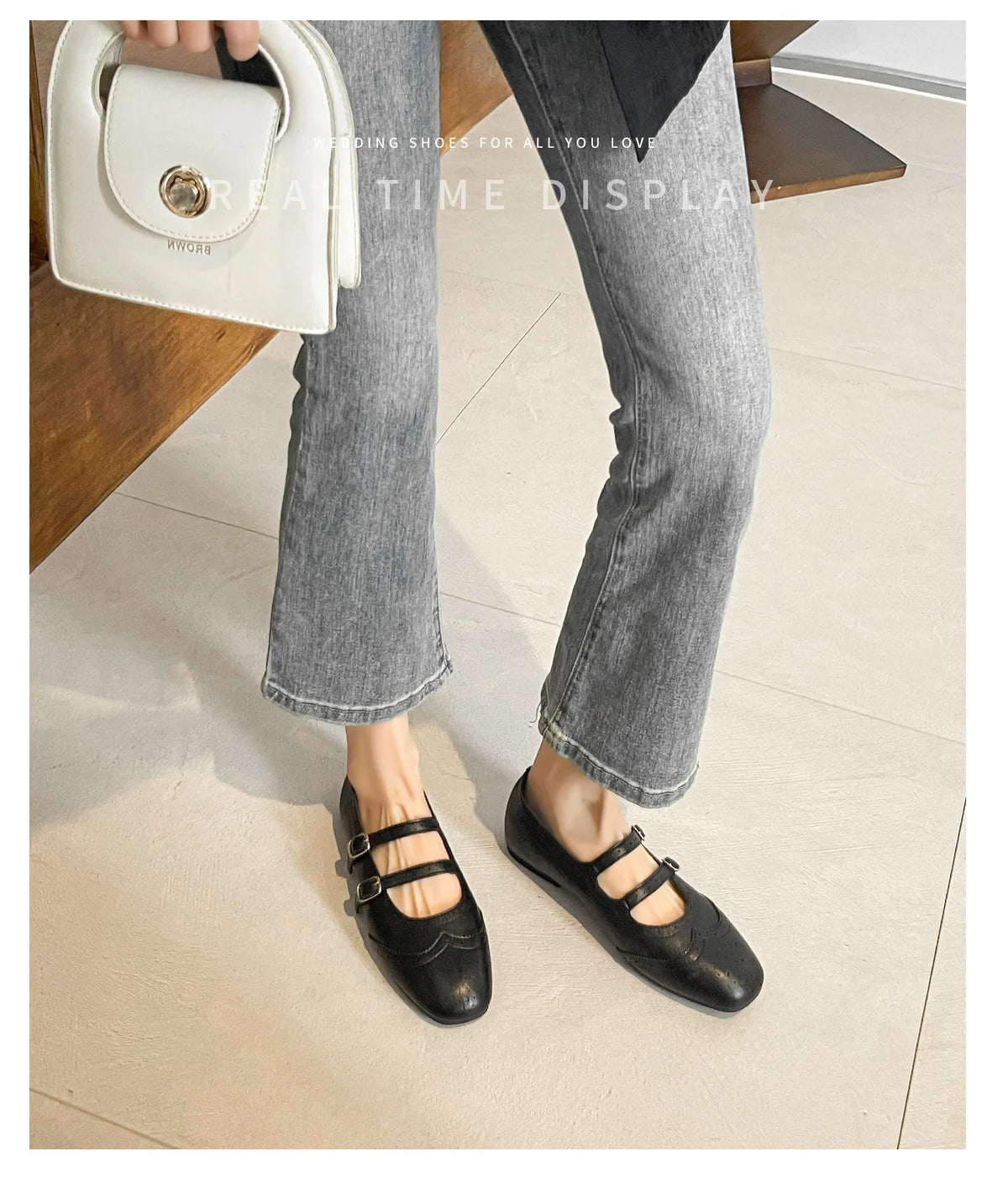 French Style Double Buckle Mary Jane Shoes Women's plus Size Flat Bottom Leather Version Beautiful Carving Spring Summer Autumn