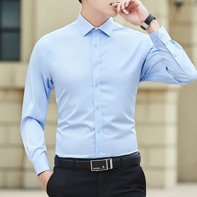 New Plus Size Men Solid Color Business Shirt Fashion Classic Basic Casual Slim White Long Sleeve Shirt Brand Clothes