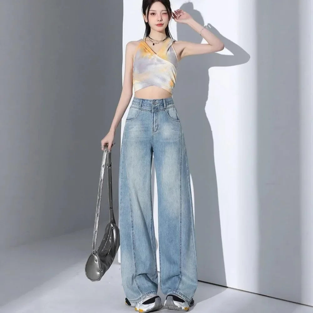 American Style High Waist Loose Women's Blue Jeans Retro Straight Leg Pants Drapey Floor-Length Trousers Versatile Wide Leg Pant
