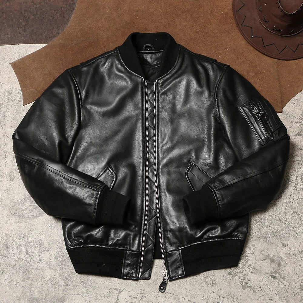 Black Winter Leather Jacket Men Military Style Plus Size 5XL Genuine Natural Sheepskin Thick Warm MA1 Flight Leather Coat