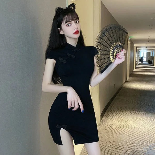 Young Women's Improved Cheongsam Dress Black Slimming New Chinese Style Short Sleeve Midi Dress with Shawl for Summer