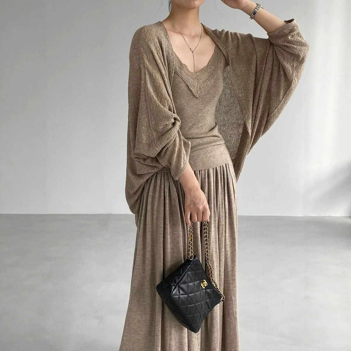 Loose Knitted Three-Piece Set V-Neck Sleeveless Top with Belt And Long Skirt Elegant Draped Feel Casual Wear for Women