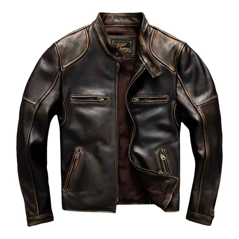 Dark Brown Autumn Leather Jacket Men Retro Style Plus Size 6XL Genuine Natural Cowhide Stand Collar J100 Motorcycle Sports Coat