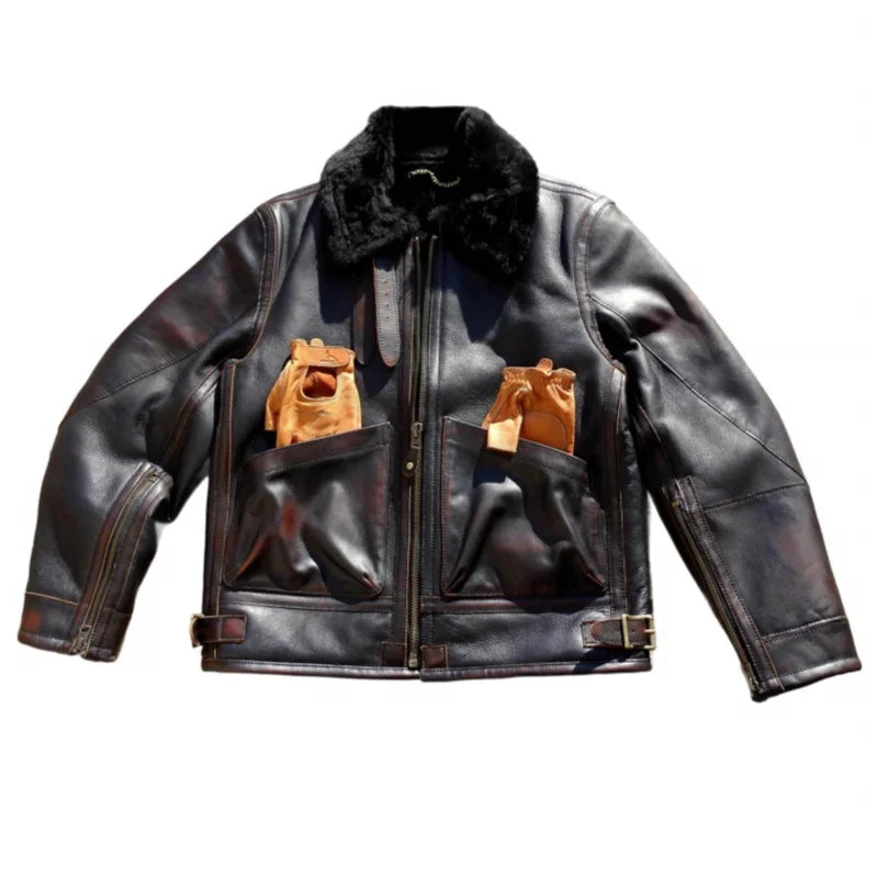 Black Winter Shearling Jacket Men Vintage Style Plus Size 5XL Genuine Natural Thick Sheepskin Warm Turn-Down Collar Spliced Coat