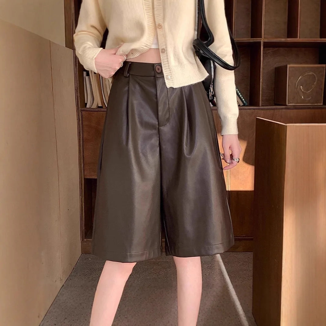 High Waist Loose Casual PU Leather Short Boot Pants Women's Autumn Winter A-Line Five-Quarter Pants Small Size Wide Leg Pants