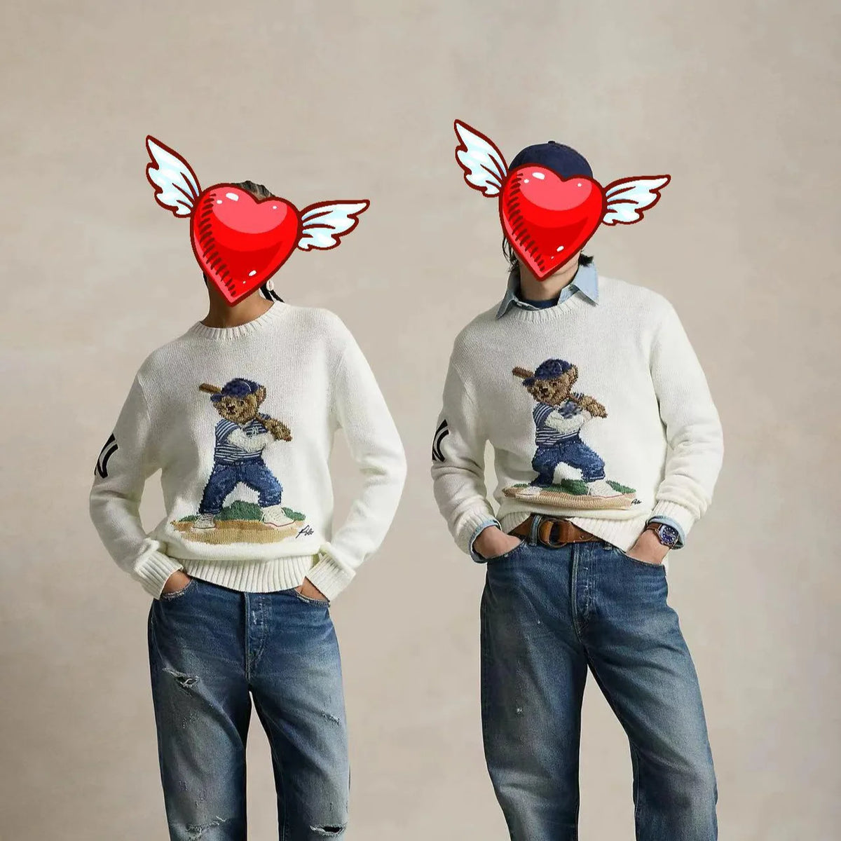 Yankees Baseball Bear Sweater Thick Knitted Cotton Linen Blend Long Sleeve round Neck Embroidered 3D Cartoon Casual Style