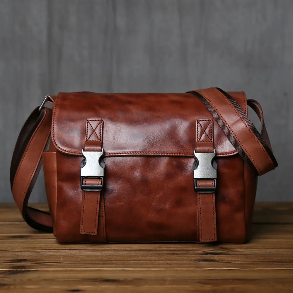 NZPJ Men's Vintage Genuine Leather Shoulder Bag Top Layer Cowhide Crossbody Bag Casual Men's Bag For 10-Inch IPad