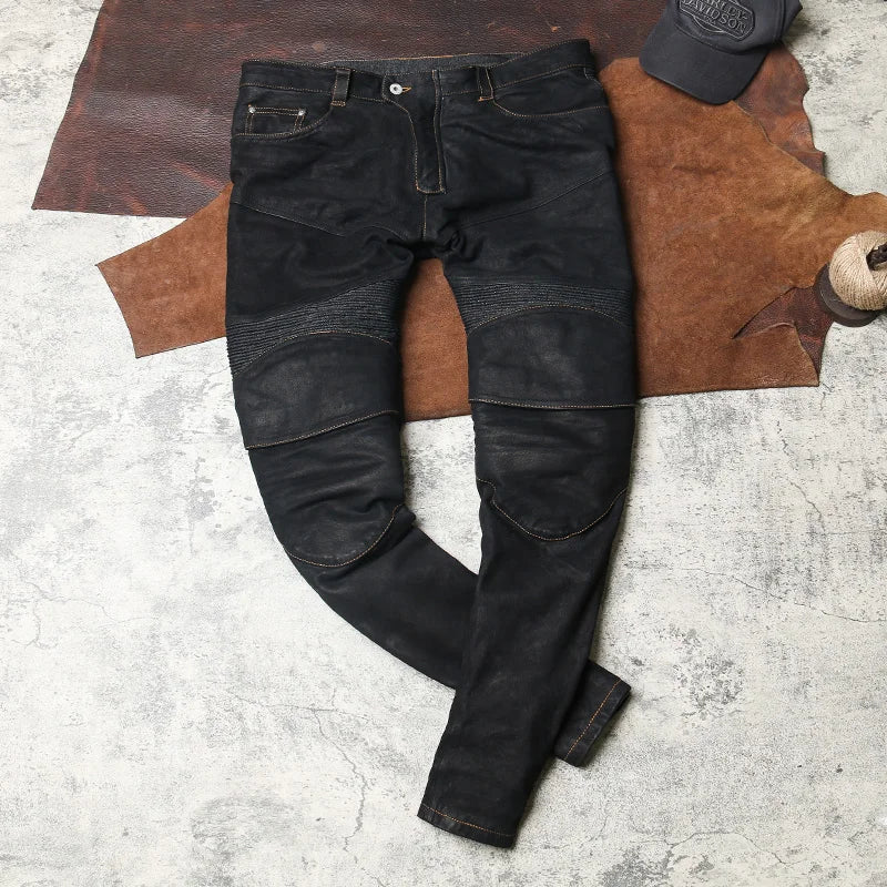 Black Spring Leather Trousers Men Retro Style Plus Size 4XL Genuine Natural Sheepskin Add Protection Device Motorcycle Pants