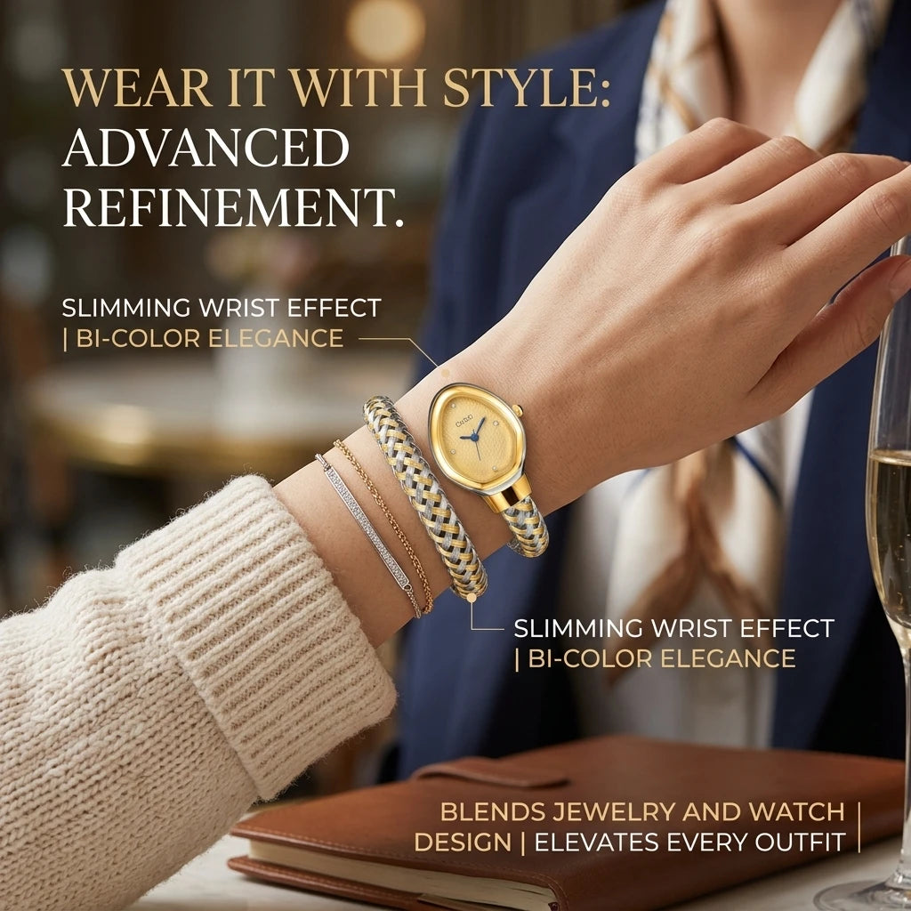 4pc Women's Gold-Silver Braided Metal Elegant Diamond Accents Quartz Watch & Bracelets Gift Set for Birthday, Valentine's Day