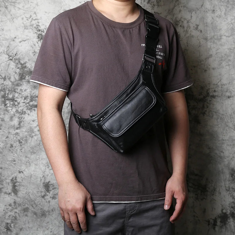 NZPJ Men's Genuine Leather Waist Bag First Layer Leather Casual Chest Bag Soft Leather One-shoulder Crossbody Bag Man Belt Pouch