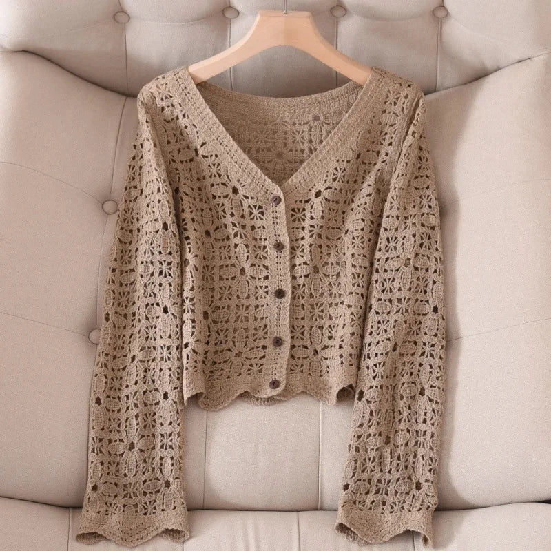 Elegant Black V-neck Long Sleeve Knitted Open Cardigan Women's Hollow out Embroidery Minimalist Versatile Item Summer Thin