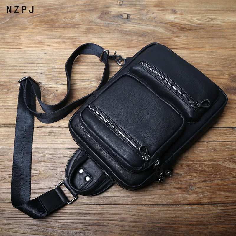 NZPJ New Men's Leather Chest Bag Large-Capacity Trend Single Shoulder Bag Casual First Layer Cowhide Messenger Bag 10 Inch Ipad