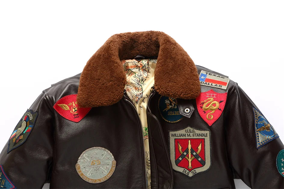 Dark Brown Pilot Leather Jacket Men Retro Style Genuine Natural Thick Cowhide Wool Collar Winter Military G1 Flight Coat
