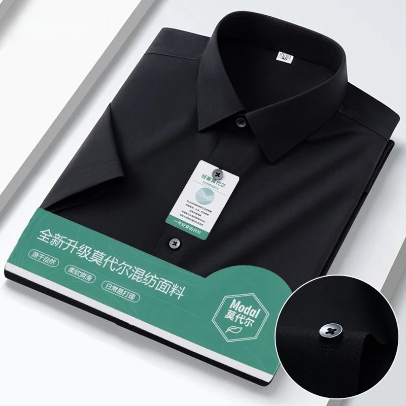 Iron-Free Ice Silk Modal Men's Business Style Slim Fit Short Sleeve Shirt Pure Color Breathable Comfortable Office Work Shirt