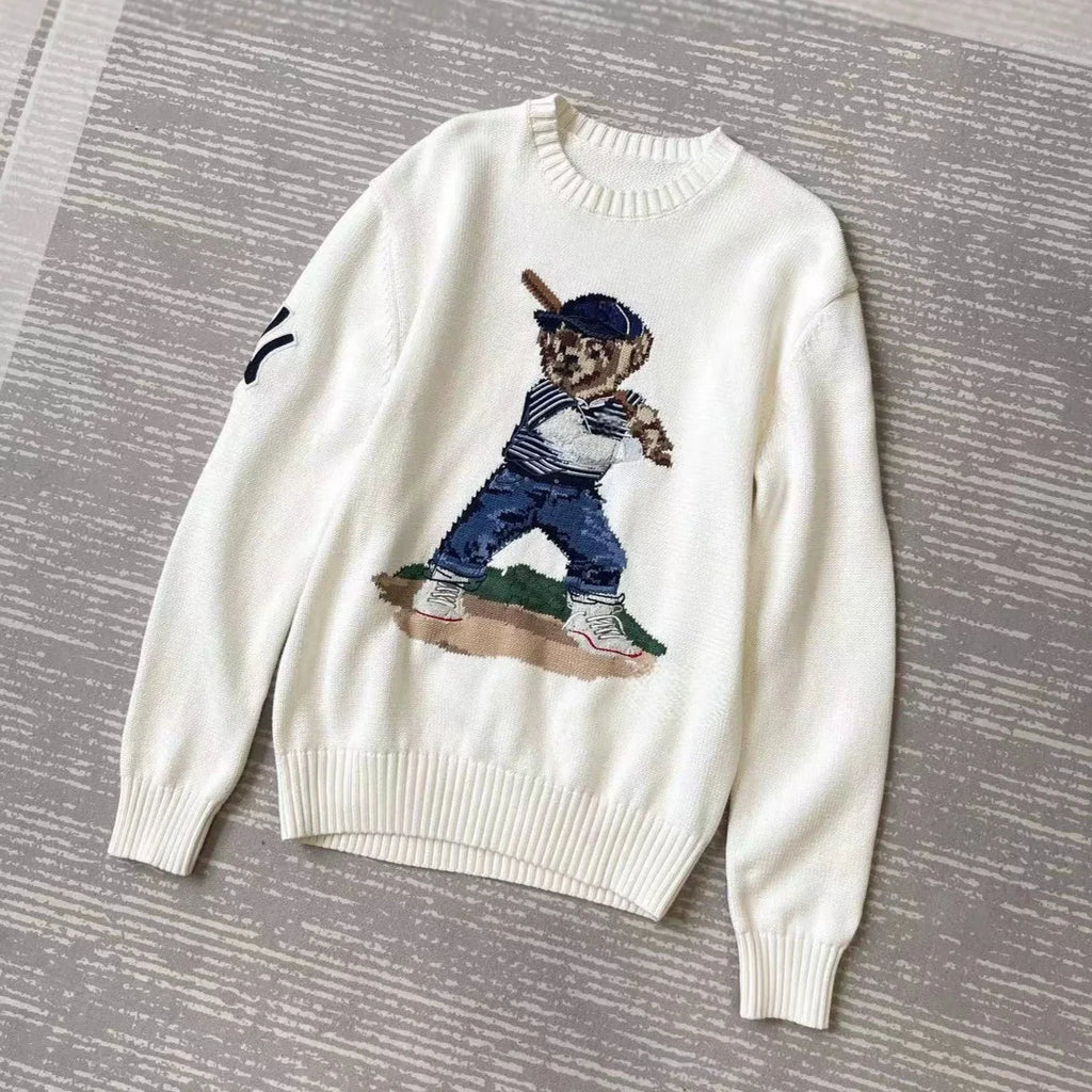 Yankees Baseball Bear Sweater Thick Knitted Cotton Linen Blend Long Sleeve round Neck Embroidered 3D Cartoon Casual Style