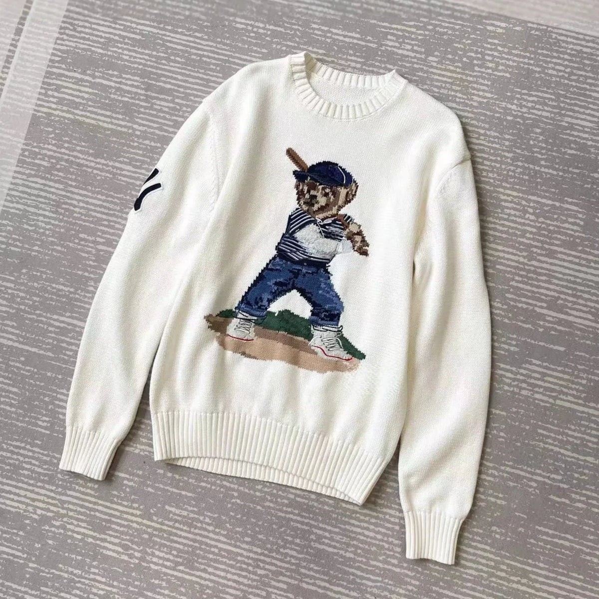 Yankees Baseball Bear Sweater Thick Knitted Cotton Linen Blend Long Sleeve round Neck Embroidered 3D Cartoon Casual Style