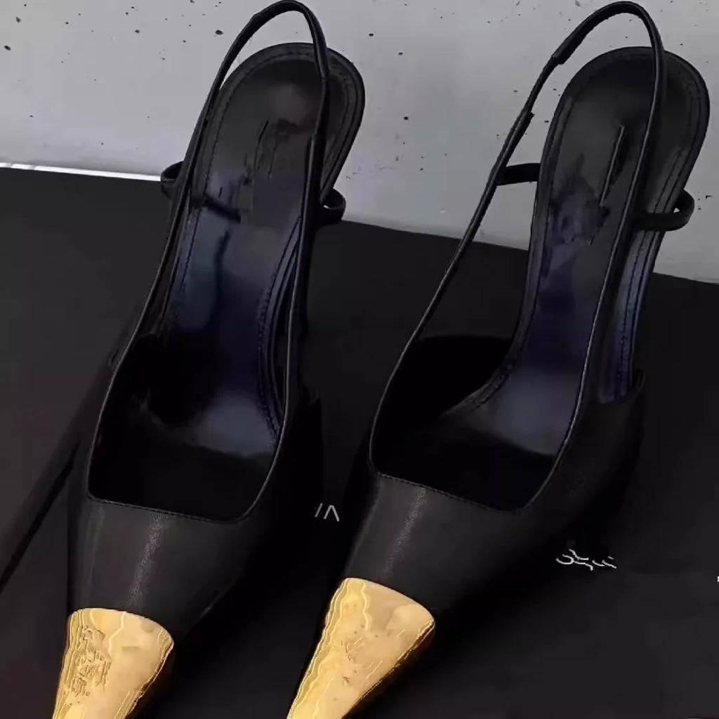 Metallic Square Toe High Heels Black Low Cut Single Shoes Versatile for Autumn Winter Season Sexy Style Fastest Shipping Avai...