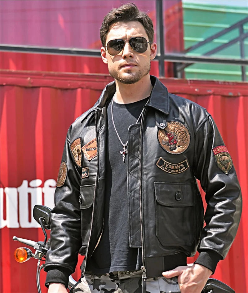 Black Winter Leather Jacket Men Retro Style Europe Size Genuine Natural Thick Sheepskin Turn-Down Collar Military G1 Flight Coat