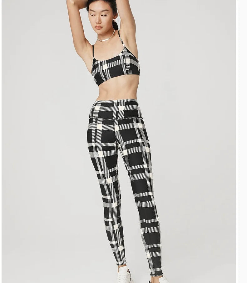 Women's Yoga Fitness Running Sportswear Large Plaid Sports Bra Underwear Tank Top And Pants Breathable Summer Autumn Winter