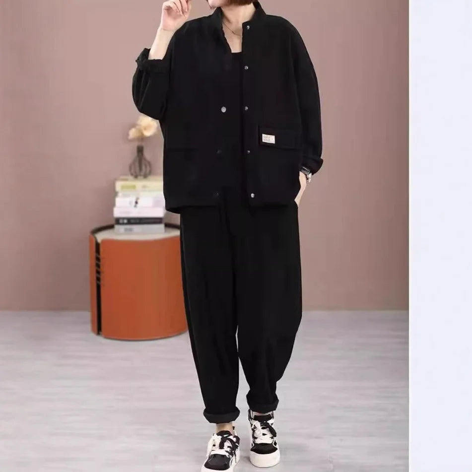 Loose Casual Women's Workwear Jacket Stand Collar Short Cardigan Outerwear Comfortable Polyester Cotton Blend Street Style