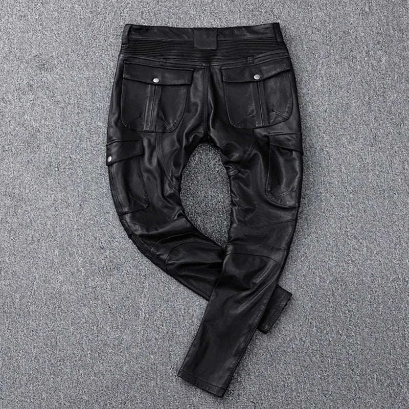 Black Winter Leather Trousers Men Vintage Style Plus Size 4XL Real Natural Thick Cowhide Add Protection Device Motorcycle Pants