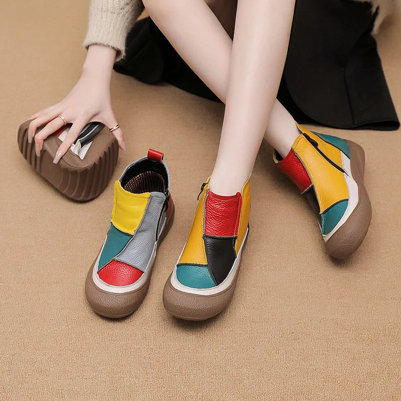 Comfortable Casual Women's Short Boots Spring Autumn Winter Seasonal Wear Breathable Warm Leather Slip-On Shoes Color Block D...