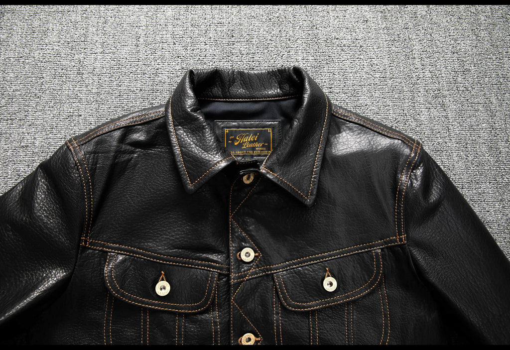 Men's Genuine Sheepskin Leather Trucker Jacket Black Type III Denim Cut Cream Contrast Stitch Brass Snap Short Casual Coat