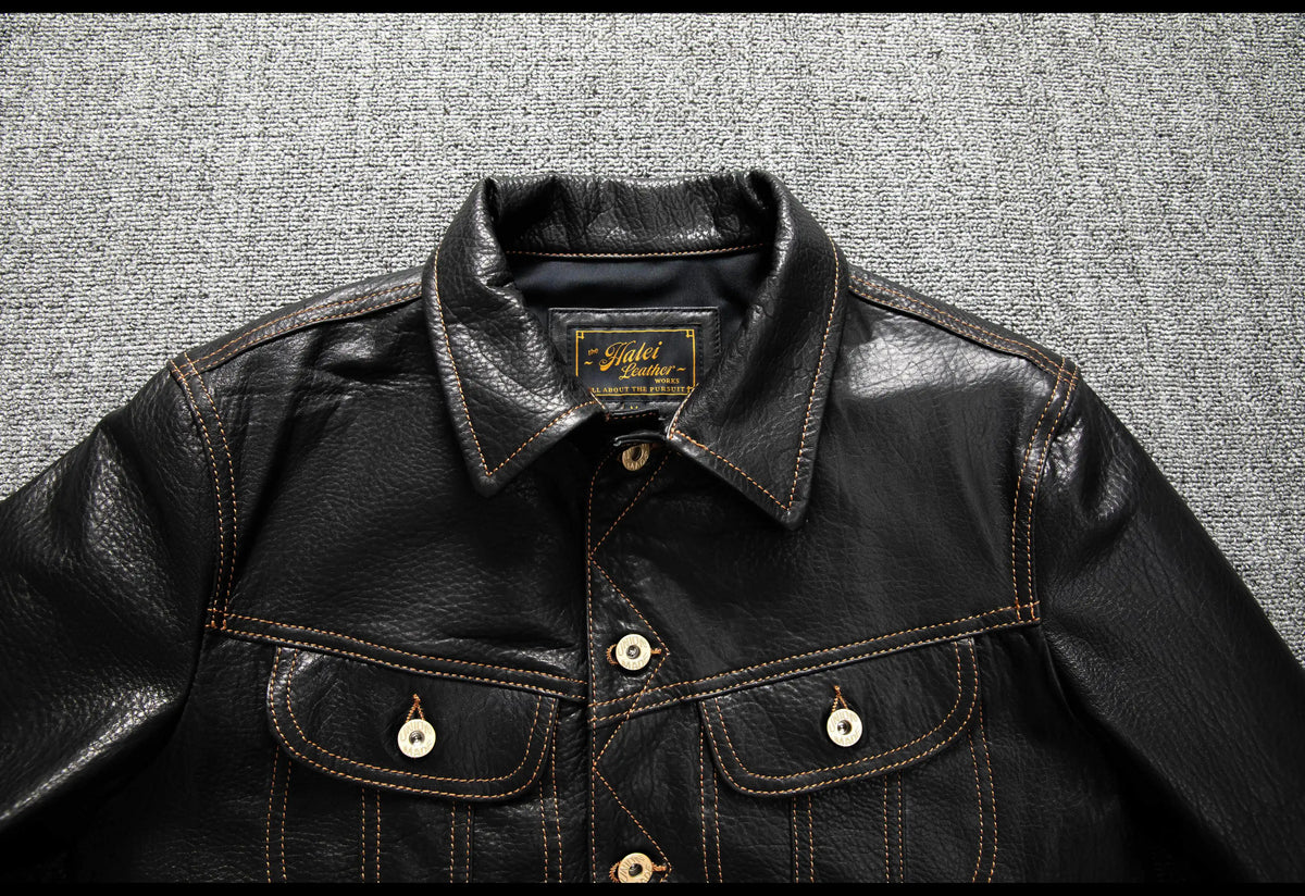 Men's Genuine Sheepskin Leather Trucker Jacket Black Type III Denim Cut Cream Contrast Stitch Brass Snap Short Casual Coat