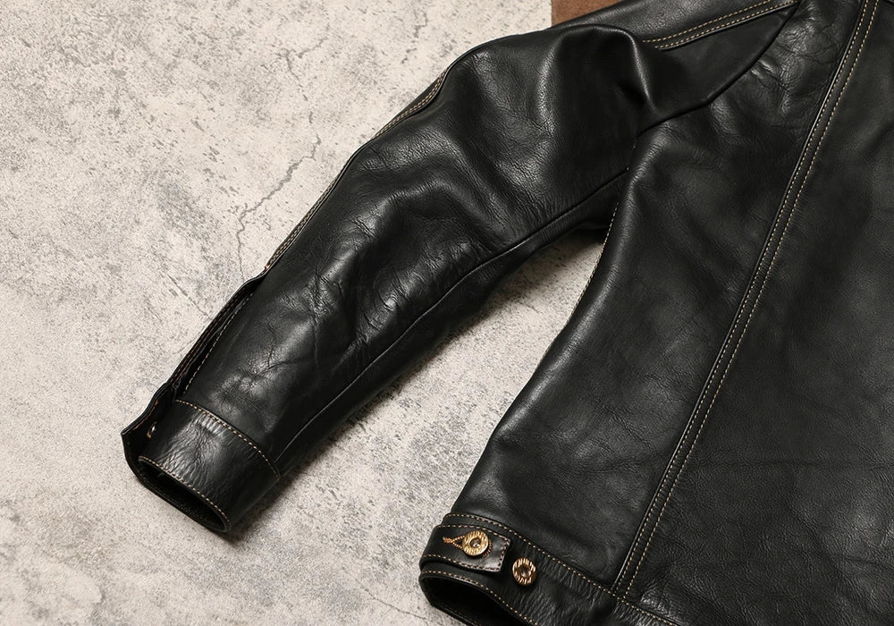 Black Autumn Leather Jacket Men Retro Style Plus Size 4XL Genuine Natural Thick Cowhide Single Breasted Casual Denim Coat