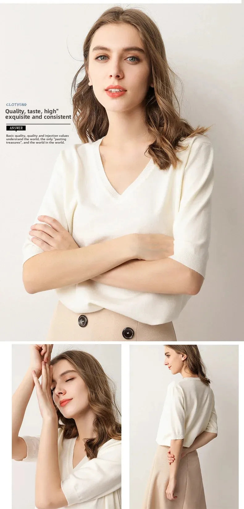 Spring Autumn New Style V-Neck Thin Knitted Loose Short Sleeve Women's T-Shirt Thin Summer Top Comfortable Base Layer Shirt
