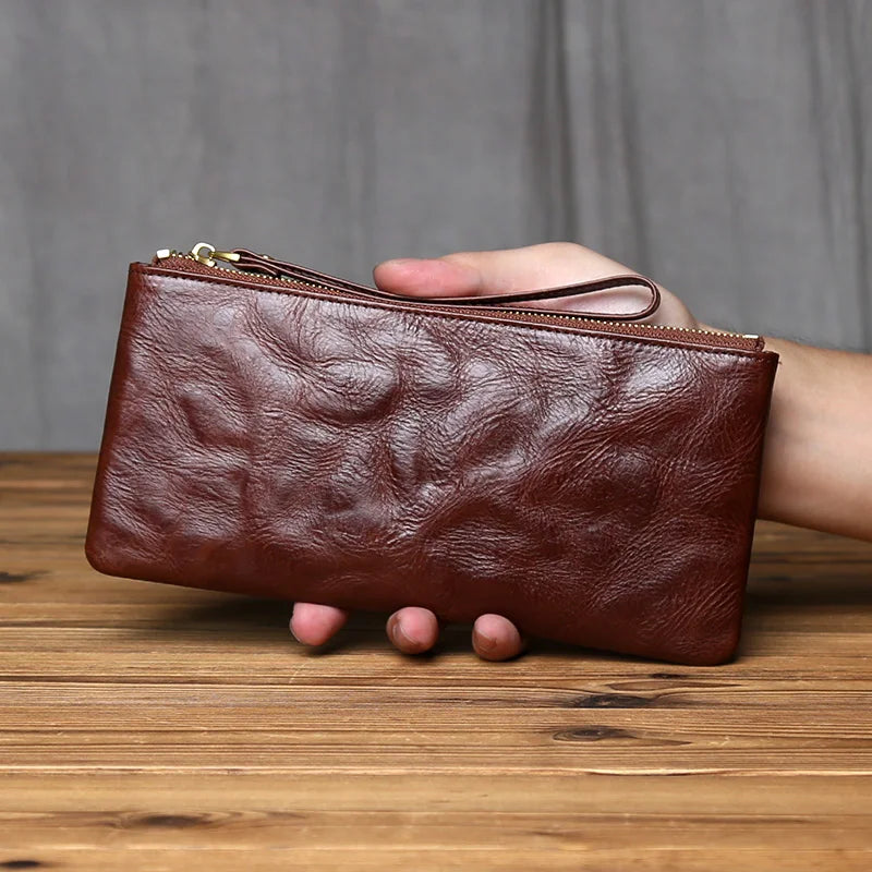 NZPJ Vintage Genuine Leather Long Wallet Top-Grain Cowhide Men's Clutch Women's Large Capacity Phone Bag