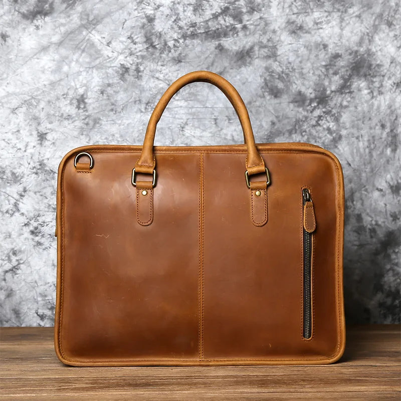 NZPJ Men's Briefcase Leather Handbag Retro Top Layer Cowhide Laptop Bag Crazy Horse Leather Shoulder Messenger Bag Luxury Bag