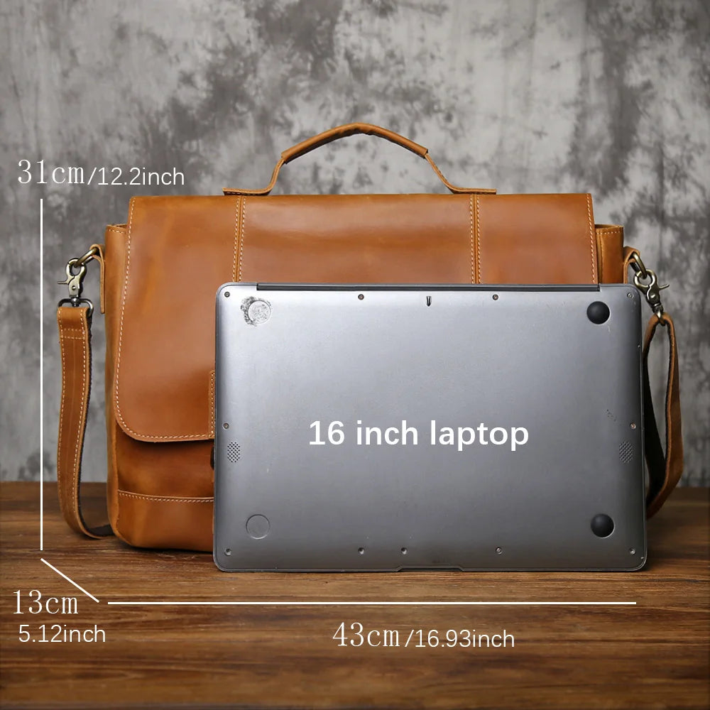 NZPJ Vintage Leather Men's Briefcase Crazy Horse Leather Handbag Casual Natural Cowhide Computer Bag Shoulder Messenger Bag