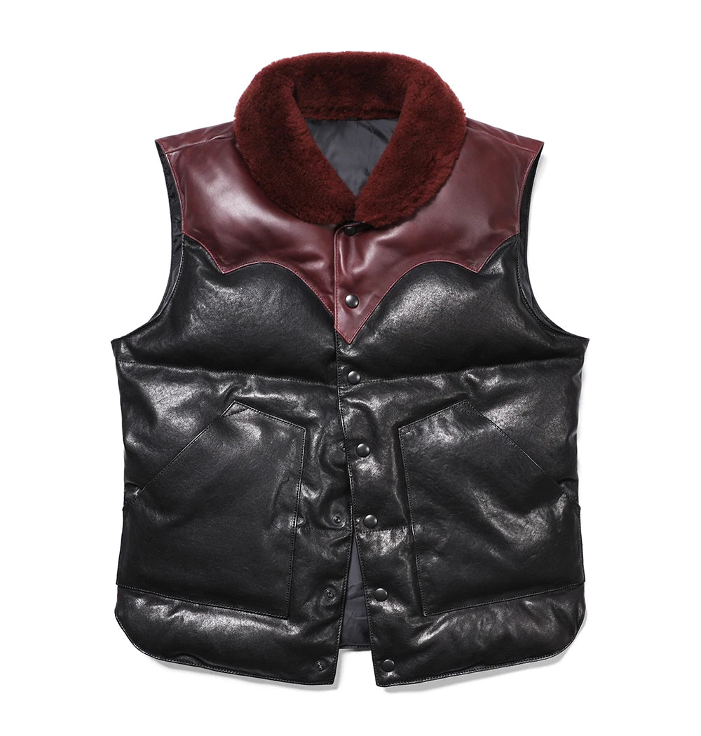 Genuine Natural Sheepskin Stand Collar Single Breasted Spliced Vest Black Winter Down Vest Men Casual Style Plus Size 5XL
