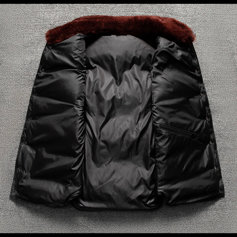 Black Winter Leather Vest Men Retro Style Plus Size 5XL Genuine Natural Sheepskin Wool Collar Single Breasted Spliced Coat