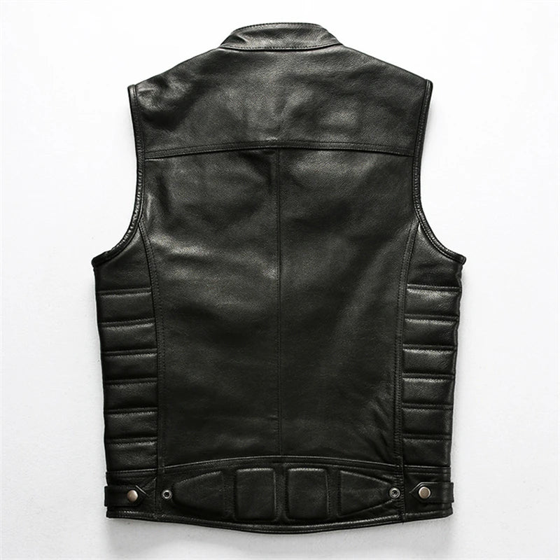 Red Brown Spring Leather Vest Men Retro Style Plus Size 4XL Genuine Natural Cowhide Stand Collar Motorcycle Sports Rivets Vest