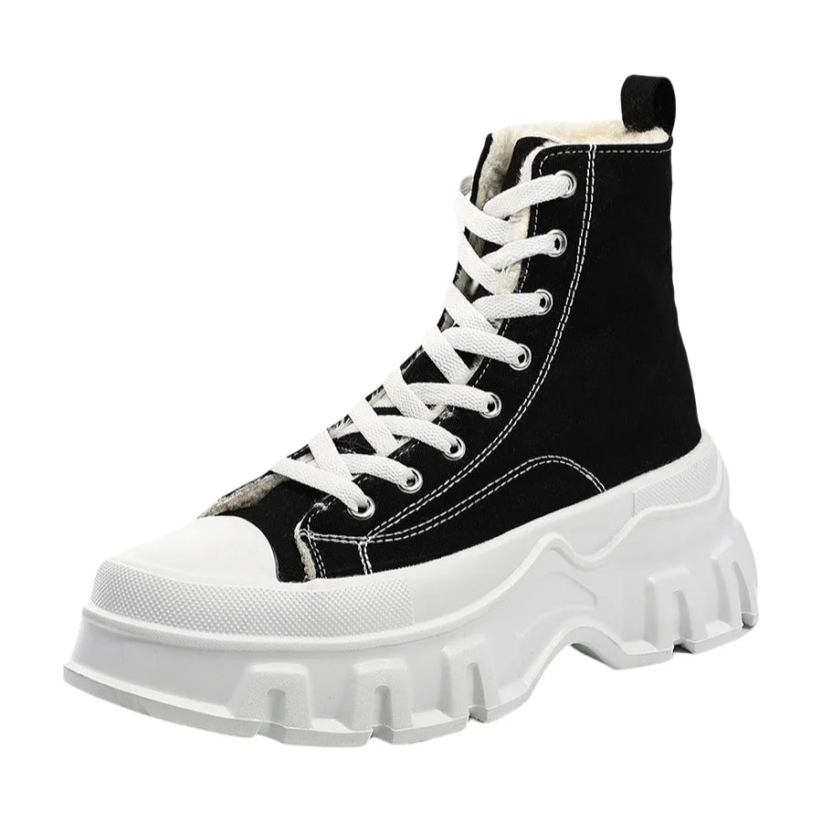 Winter Warm Thick Bottom High Top Canvas Boots Women's Shoes Large Size Black Lace-Up Short Boots Heightening Modern Dance