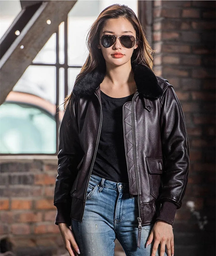 Dark Brown Autumn Leather Jacket Women Retro Style Plus Size 3XL Genuine Natural Cowhide Wool Collar Military G1 Flight Coat