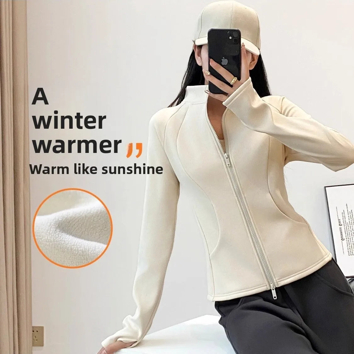 Fleece Lined Thickened Double Zipper Yoga Jacket Women's Autumn Winter Sporty Slim Fit All-Match Windproof Warm Top