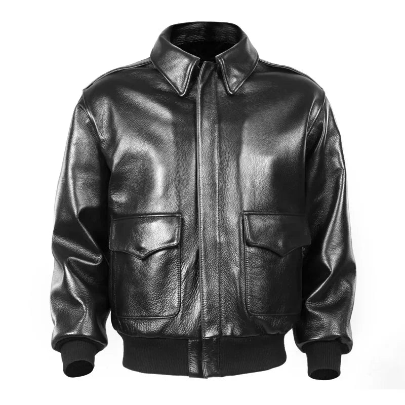Black Winter Leather Jacket Men Military Style Europe Size Genuine Natural Thick Cowhide Warm Turn-Down Collar A2 Flight Coat