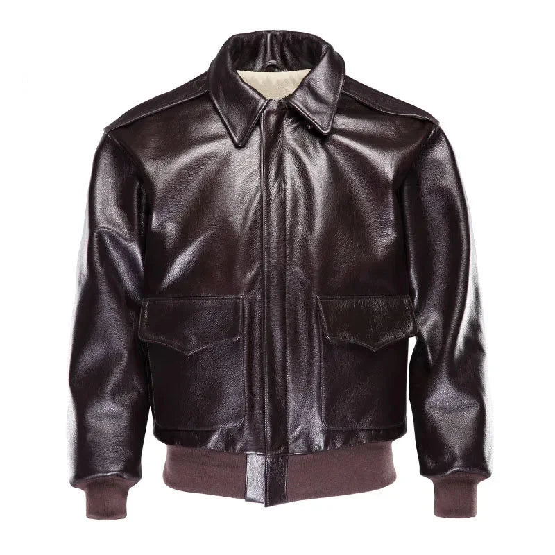 Black Winter Leather Jacket Men Military Style Europe Size Genuine Natural Thick Cowhide Warm Turn-Down Collar A2 Flight Coat