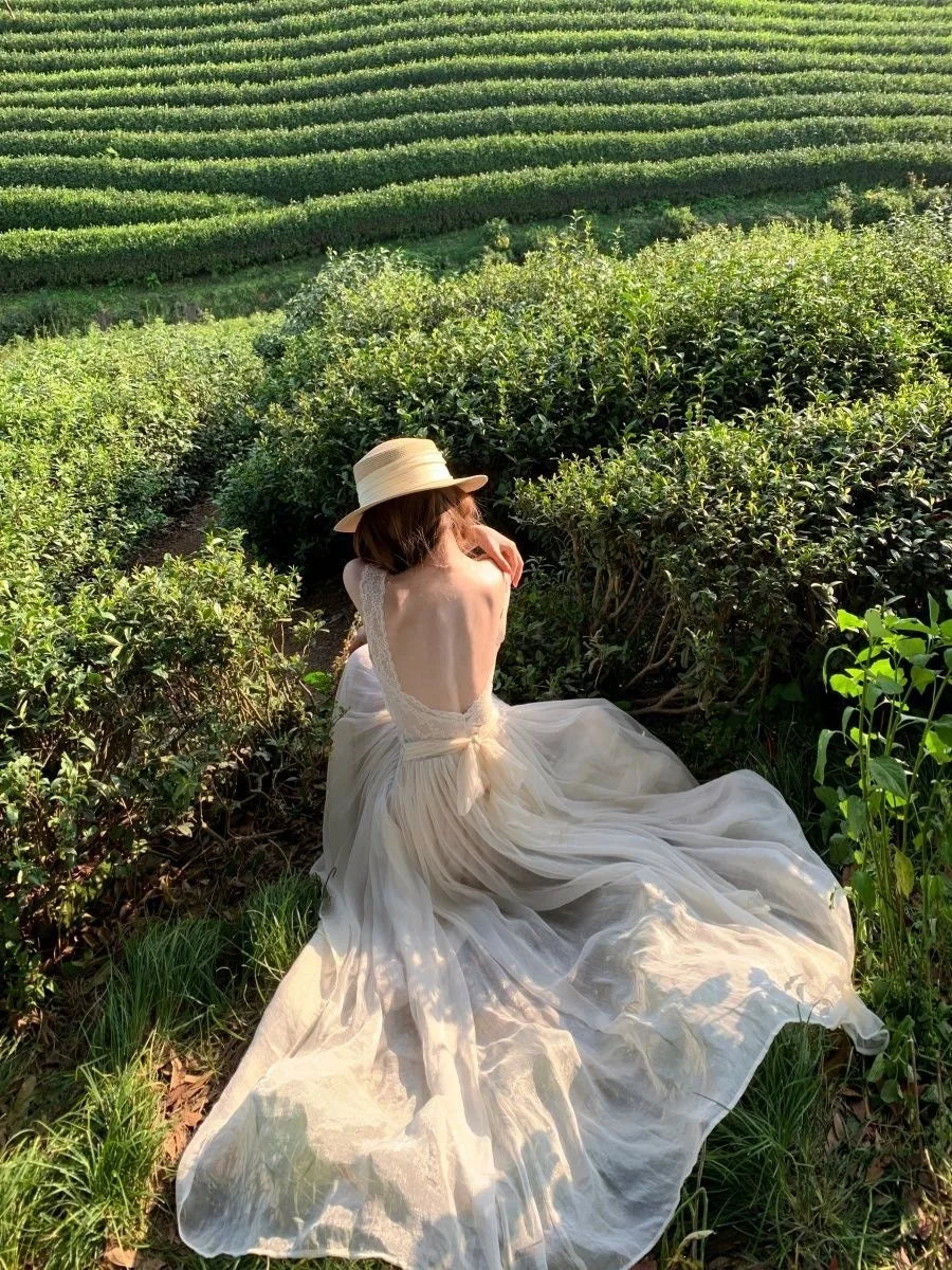 Elegant Lace Backless Strap Dress Women's Gentle Vacation Style Long Dress Sexy Beach Holiday Dress Polyester Fabric High Wai...