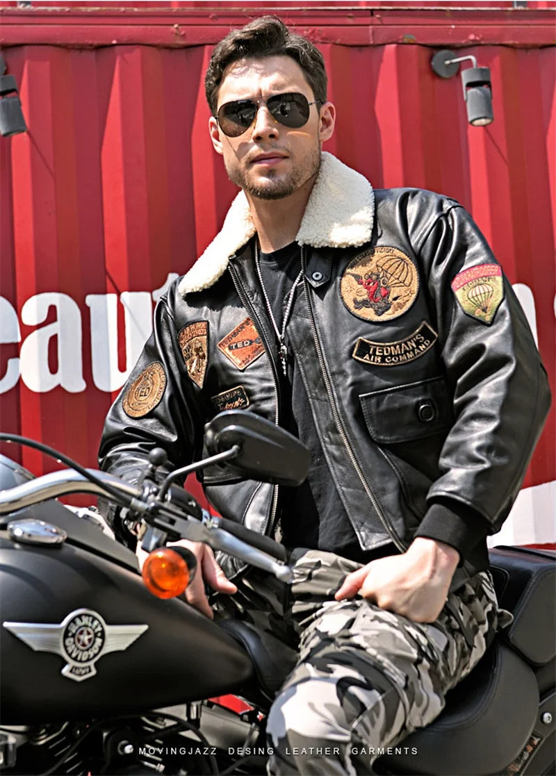 Black Winter Leather Jacket Men Retro Style Europe Size Genuine Natural Thick Sheepskin Turn-Down Collar Military G1 Flight Coat