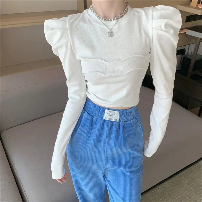 Slim Fit round Neck Long Sleeve Bubble Sleeve Top Women's Autumn Winter Short Base Layer Shirt Hong Kong Style Design Sense Top