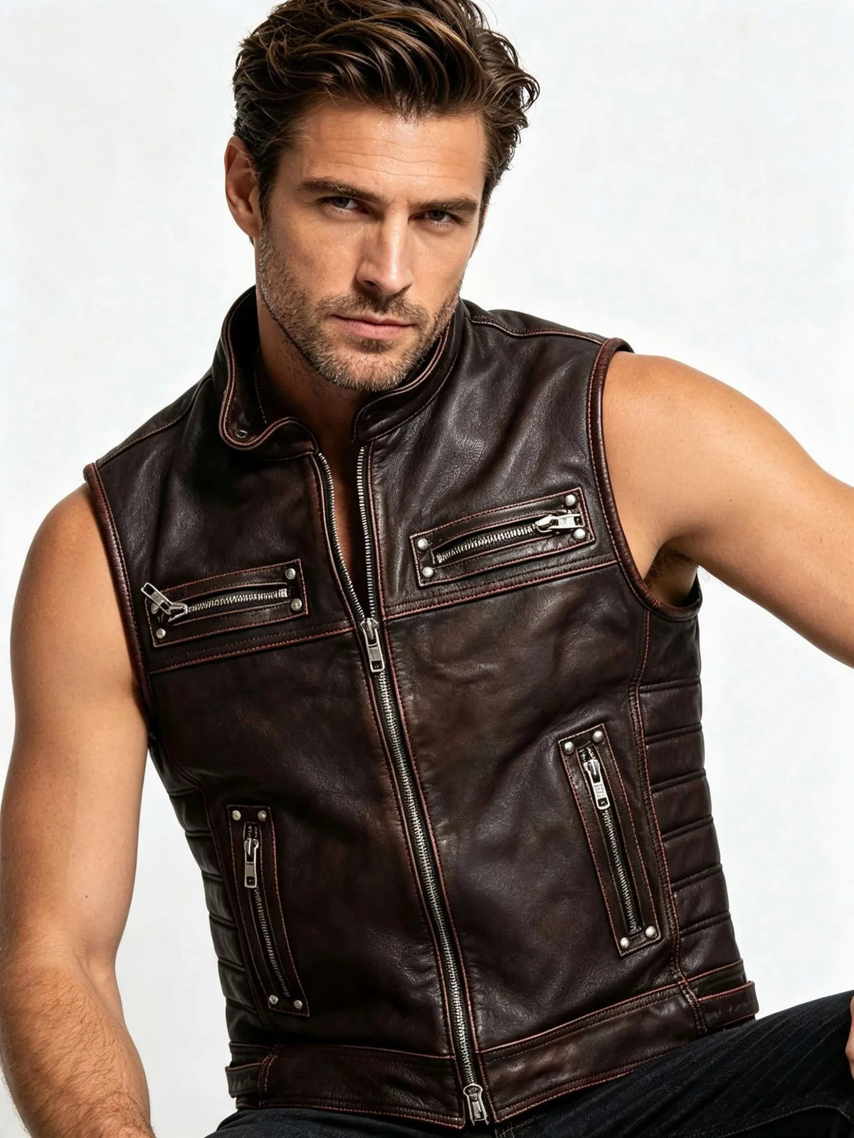 Red Brown Spring Leather Vest Men Retro Style Plus Size 4XL Genuine Natural Cowhide Stand Collar Motorcycle Sports Rivets Vest