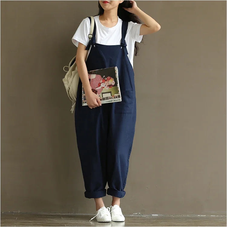 Artistic Vintage Deep Blues Cotton Strap Casual Trousers Women's 1701 European American Style