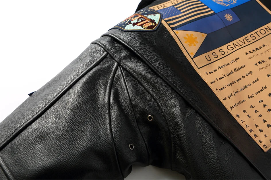 Black Winter Leather Jacket Men Retro Style Europe Size Genuine Natural Thick Cowhide Turn-Down Collar G1 Flight Coat
