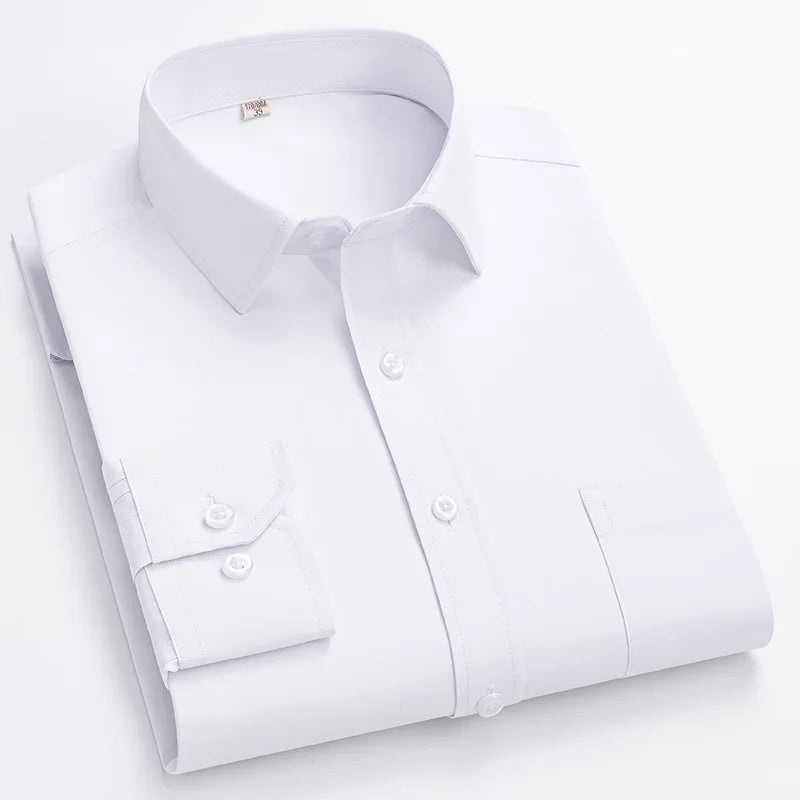 Men Formal Shirt Long Sleeve Office Solid Color Striped Fashion Business Pocket White Social Shirt Men's Clothing 5XL 6XL