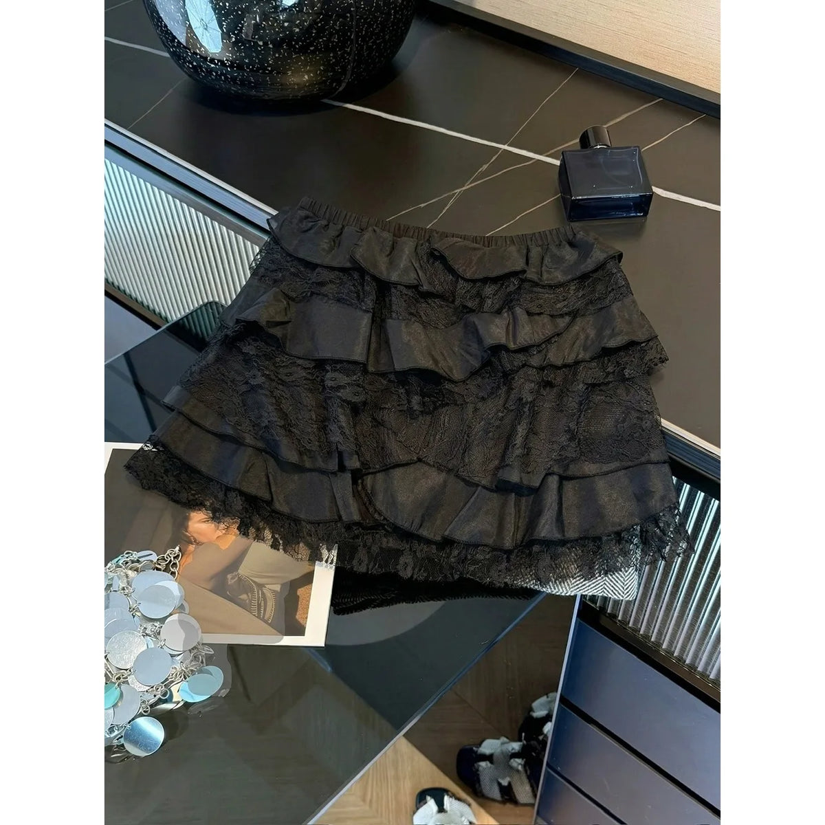 Sweet Style Ruffle Hem Short Skirt Layered Bouncy Mini Skirt for Girls Spring Summer Fashion Mixed Fabric Cake Skirt
