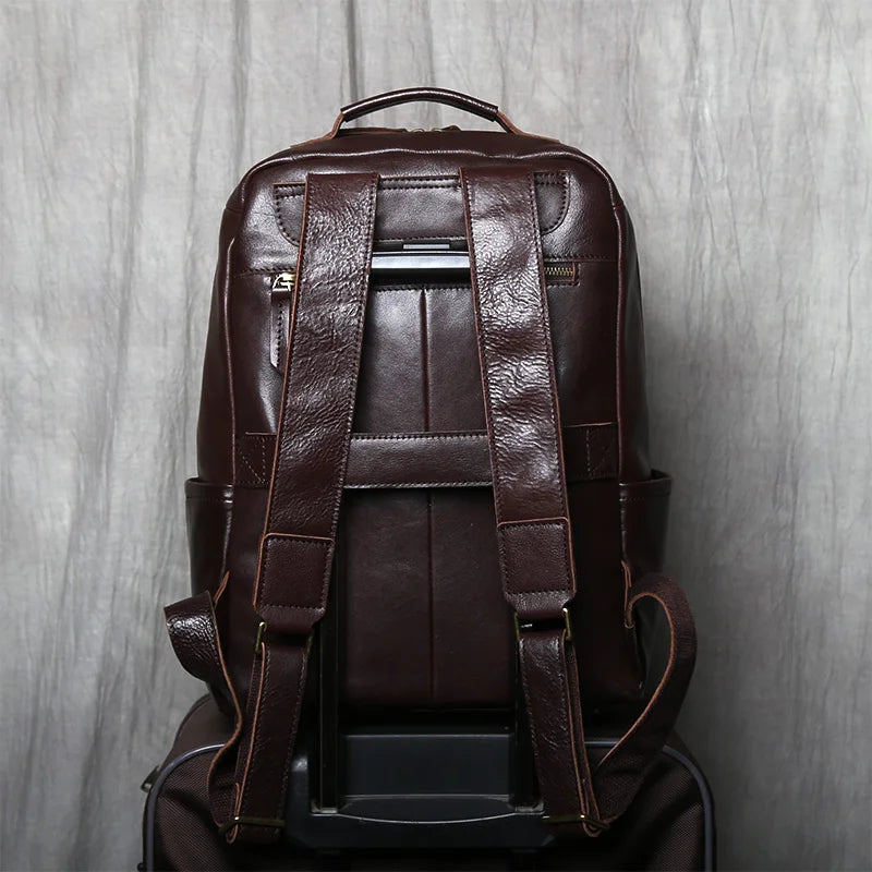NZPJ Retro Genuine Leather Men's Backpack Fashion Backpack Top Layer Cowhide Computer Backpack Large Capacity Travel Bag